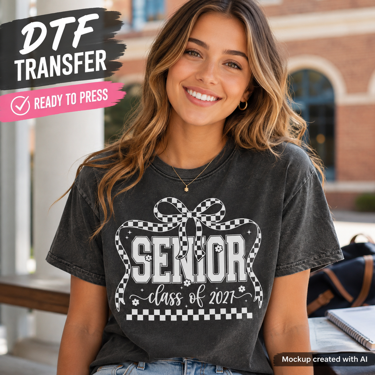 A smiling young woman wearing a dark gray washed graphic T-shirt with a white 'SENIOR class of 2021' ribbon design. The photo is taken outdoors on a porch with a brick building in the background.