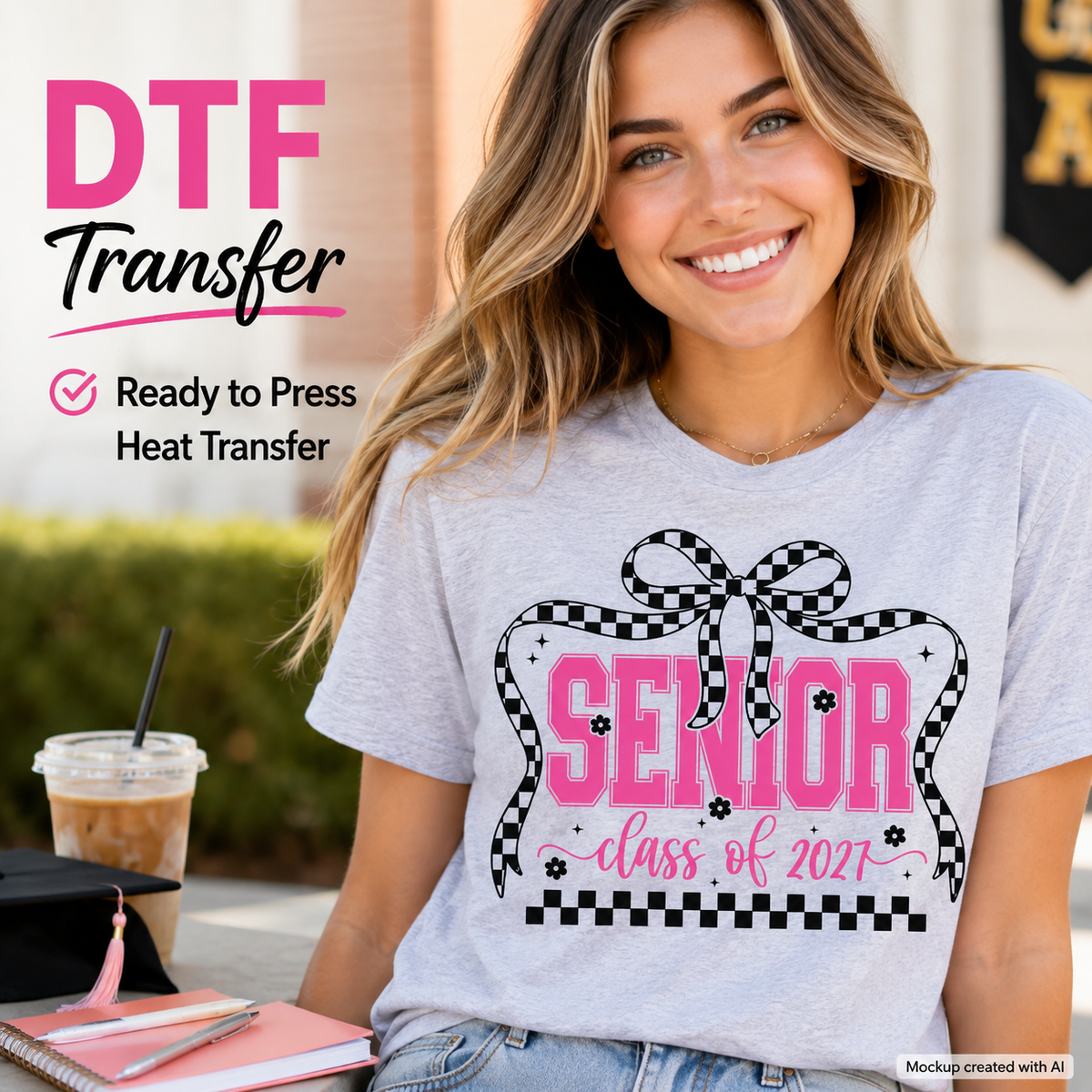 A smiling woman wearing a light gray T-shirt with a heat-transfer style graphic that reads 'SENIOR class of 2021' in pink and black, with a black-and-white checkered bow outline. Large text on the left says 'DTF Transfer' and 'Ready to Press Heat Transfer.