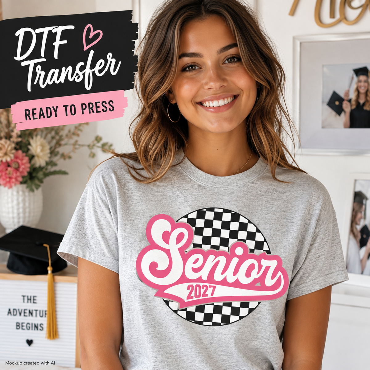 A smiling woman wearing a heather gray t-shirt with a 'Senior 2027' DTF transfer graphic on the front, set in a bright, decorated room with a graduation cap and framed photos in the background.
