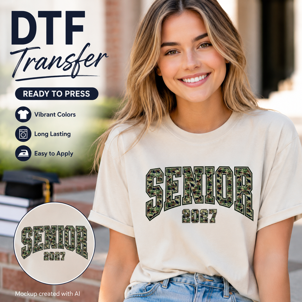 A woman wearing a cream-colored t-shirt with a green camouflage 'SENIOR 2027' graphic, shown in a lifestyle mockup with promotional text overlays on the left.