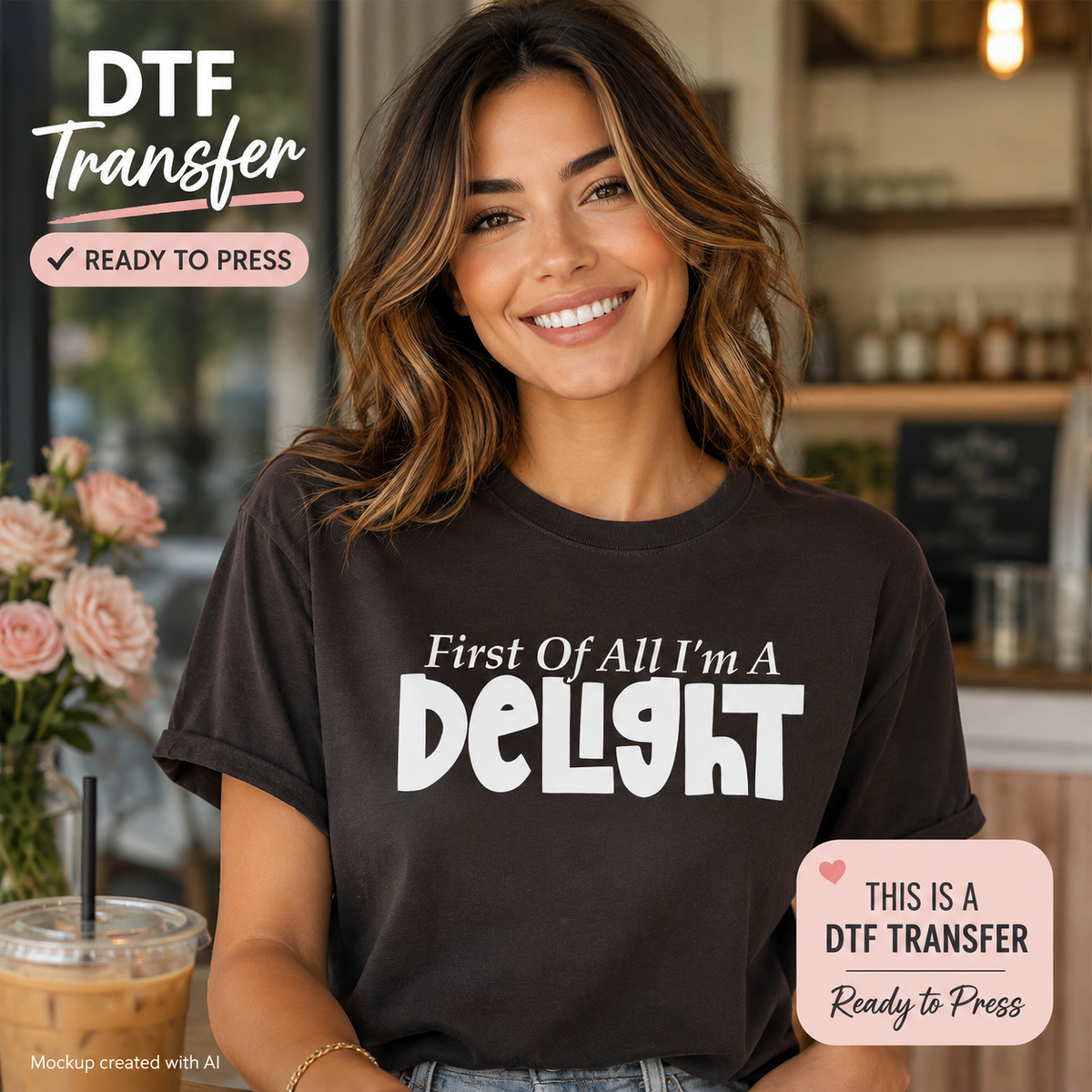 A woman wearing a dark brown graphic t-shirt with the text 'First Of All I'm A Delight' in white. The image is a mockup for a DTF (Direct to Film) transfer, featuring promotional text overlays and a cafe background.