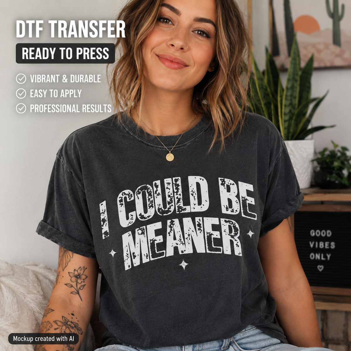 A woman wearing a dark gray washed graphic t-shirt with the text 'I COULD BE MEANER' in distressed white letters. The image features promotional text overlays on the left side and a mockup badge at the bottom left, set in a cozy indoor environment with plants and home decor.