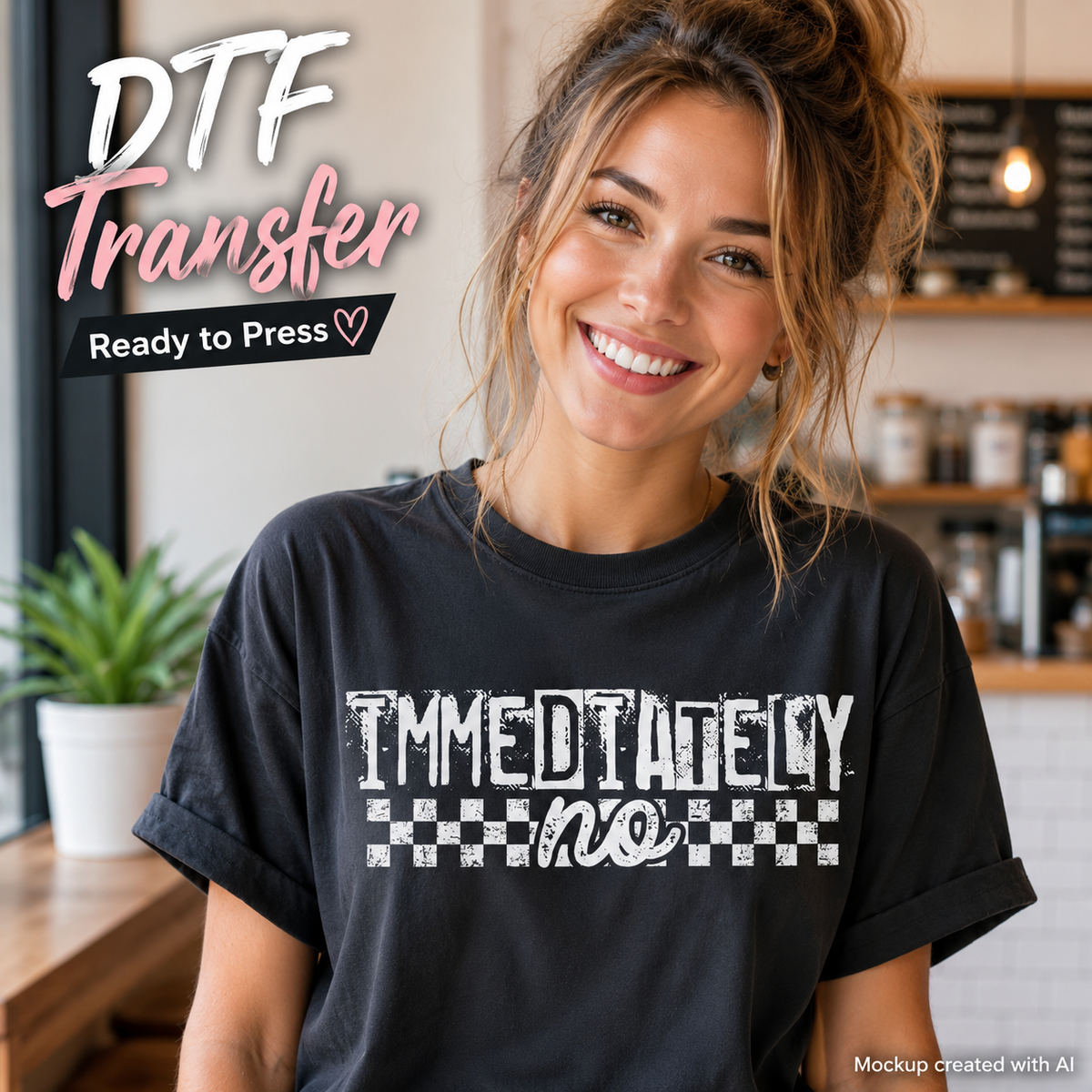 A smiling woman wearing a black graphic T-shirt with the text 'IMMEDIATELY no' in distressed white lettering over a checkerboard stripe design. The background is a softly blurred indoor cafe or kitchen setting.