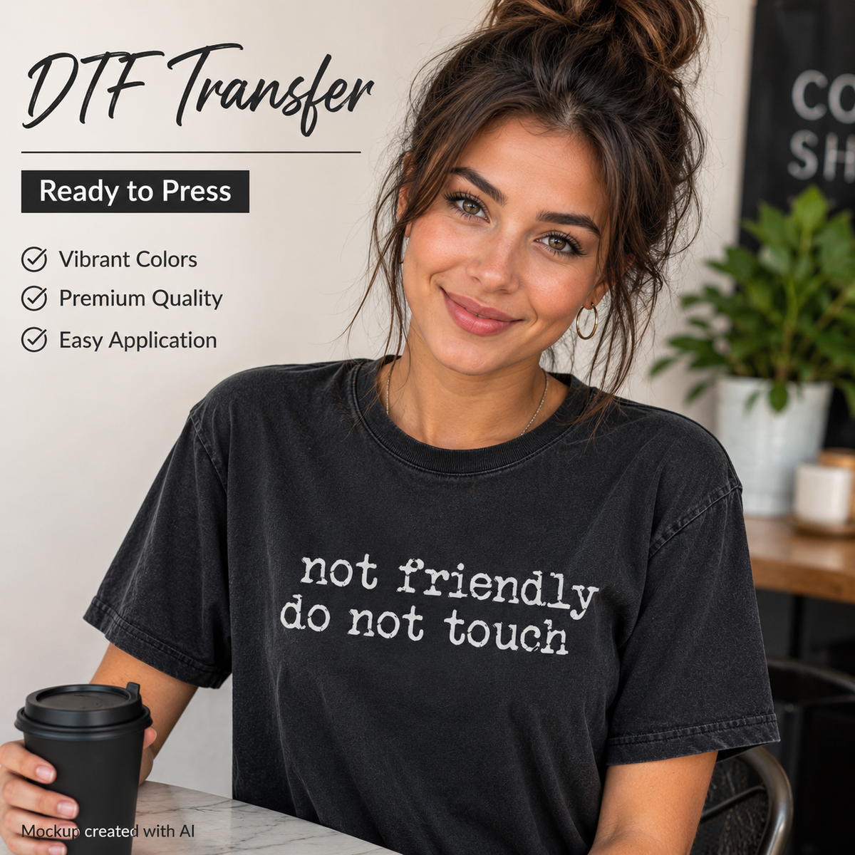 A woman wearing a black graphic T-shirt with the phrase 'not friendly do not touch' in white text, holding a black coffee cup in a cafe setting. Text overlays on the left read 'DTF Transfer', 'Ready to Press', and feature selling points like vibrant colors, premium quality, and easy application.