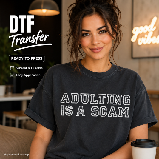 A woman wearing a dark charcoal gray t-shirt with the phrase 'ADULTING IS A SCAM' printed in white outlined block letters. The image is a promotional mockup for a DTF (Direct to Film) transfer, featuring text overlays on the left and a coffee cup in the foreground.