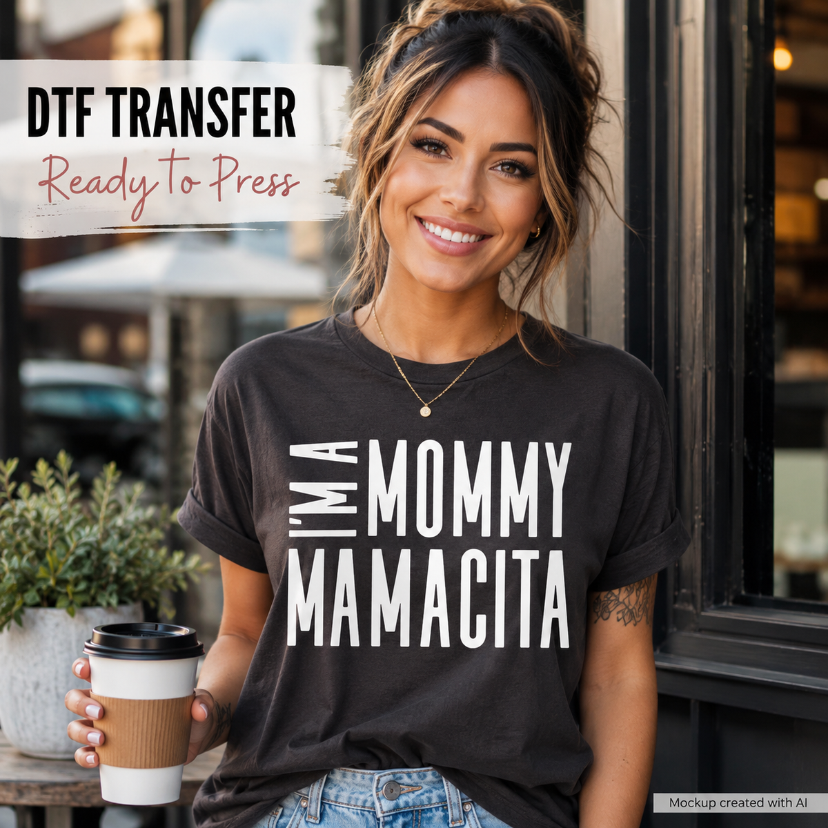 A woman wearing a black graphic t-shirt with the text 'I'M A MOMMY MAMACITA' in bold white letters, holding a coffee cup in front of a storefront. Text overlays read 'DTF TRANSFER Ready To Press' and 'Mockup created with AI'.