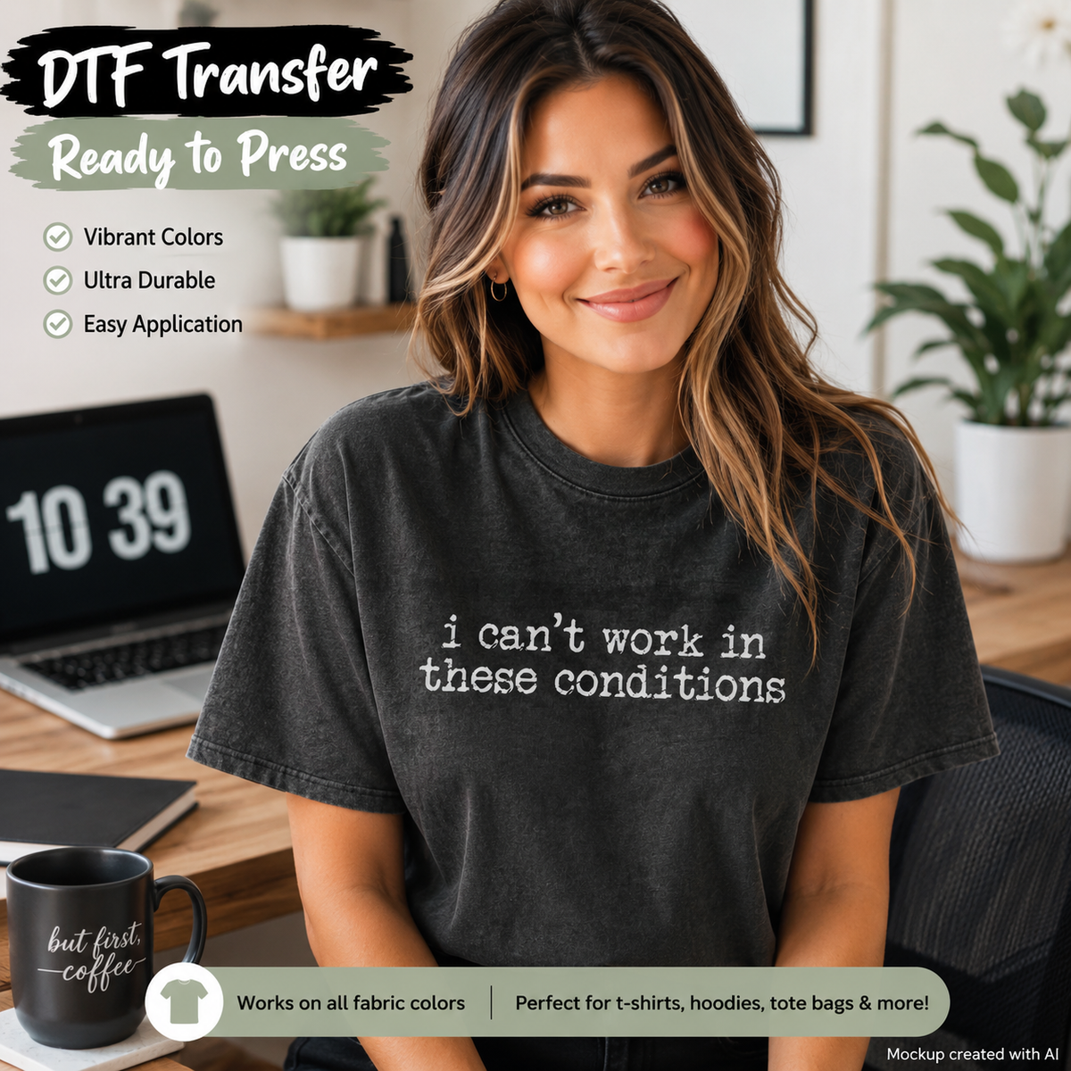 A woman seated at a desk wearing a dark charcoal graphic t-shirt with the white text 'i can't work in these conditions'. The image is a promotional mockup for a DTF (Direct to Film) transfer, featuring marketing text overlays, a laptop, a coffee mug, and plants in the background.