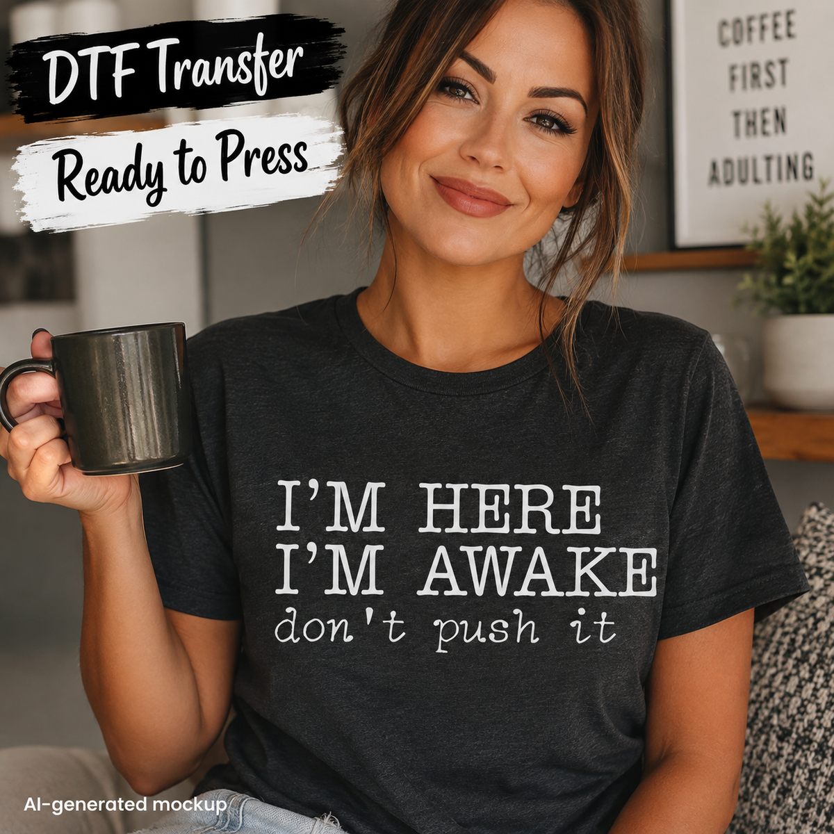 A woman holding a dark gray mug wears a dark gray t-shirt with white text that reads 'I'M HERE I'M AWAKE don't push it'. The image is a mockup with text overlays reading 'DTF Transfer Ready to Press' and 'AI-generated mockup'.