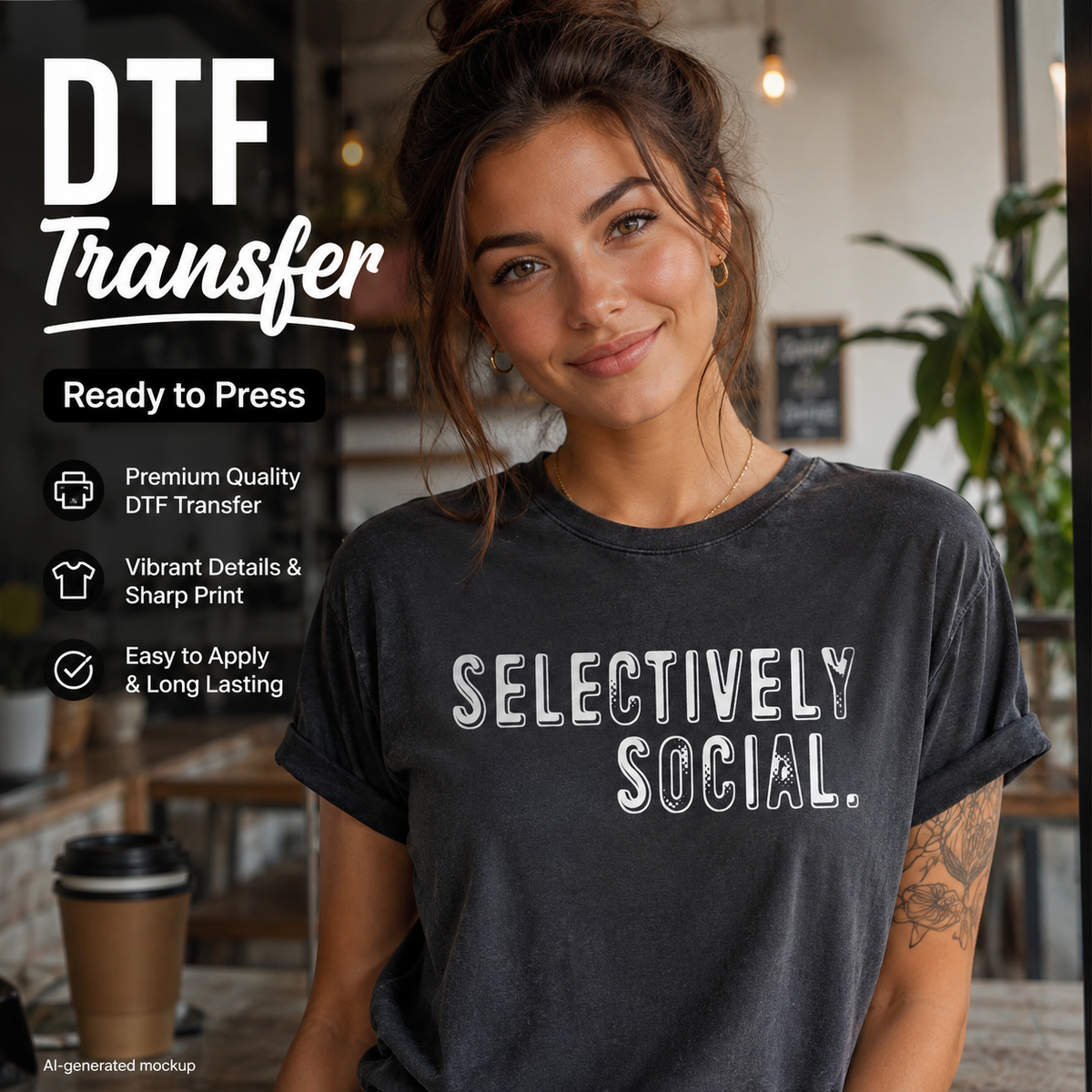 A woman wearing a dark gray graphic t-shirt with the text 'SELECTIVELY SOCIAL.' printed in distressed white letters.
