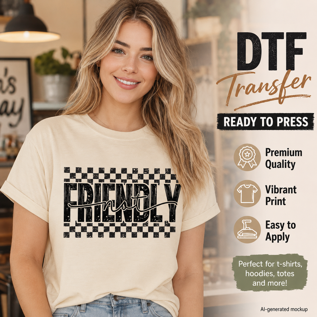 A woman wearing a cream-colored t-shirt with a black graphic that reads 'FRIENDLY' over a checkered pattern, set against a blurred indoor background with promotional text on the right.