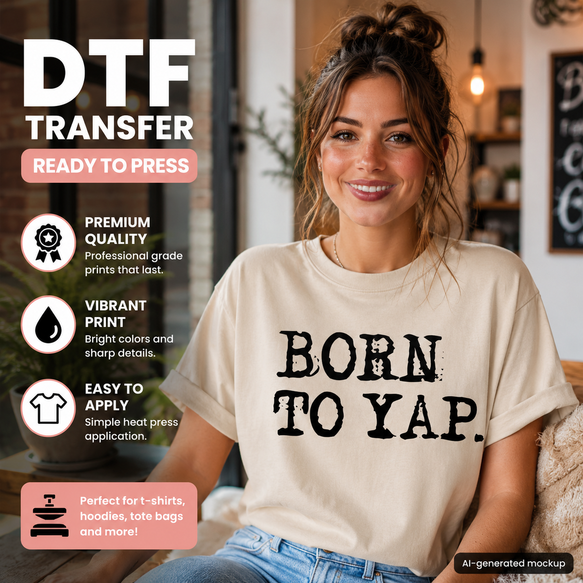 Female model wearing a cream T-shirt featuring the black distressed Born to Yap funny quote design.
