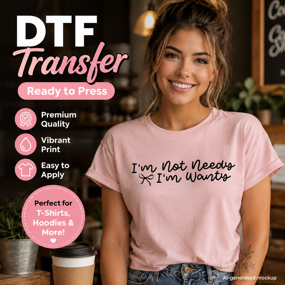 A smiling woman in a cafe setting wearing a light pink T-shirt with the black printed text 'I'm Not Needs I'm Wants' and a small bow graphic. Large promotional text on the left reads 'DTF Transfer Ready to Press' with icons for premium quality, vibrant print, easy to apply, and suitable for T-shirts, hoodies, and more.