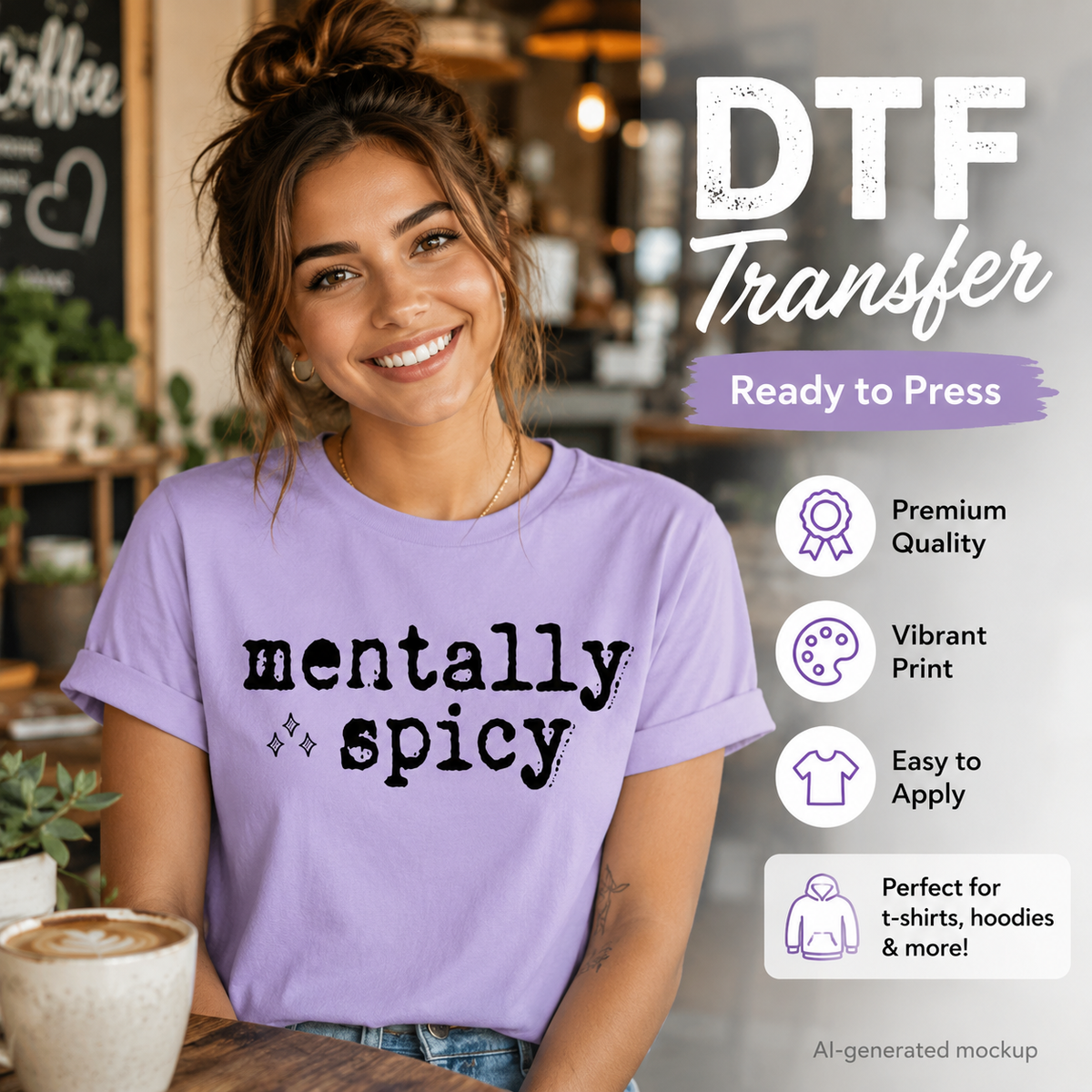 A smiling woman in a cafe wearing a lavender t-shirt with a black 'mentally spicy' DTF transfer print. The image features promotional text overlays on the right detailing the features of the DTF transfer, such as 'Ready to Press', 'Premium Quality', and 'Vibrant Print'.