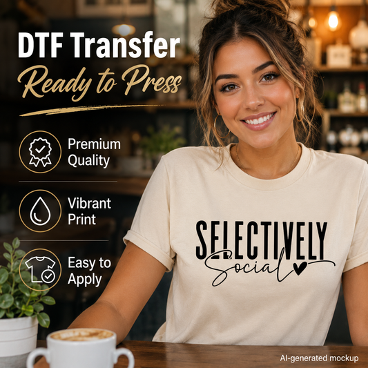 A smiling woman seated at a cafe table wearing a cream T-shirt with black text reading 'SELECTIVELY Social'. Large promotional text on the left says 'DTF Transfer Ready to Press' with icons for premium quality, vibrant print, and easy to apply.