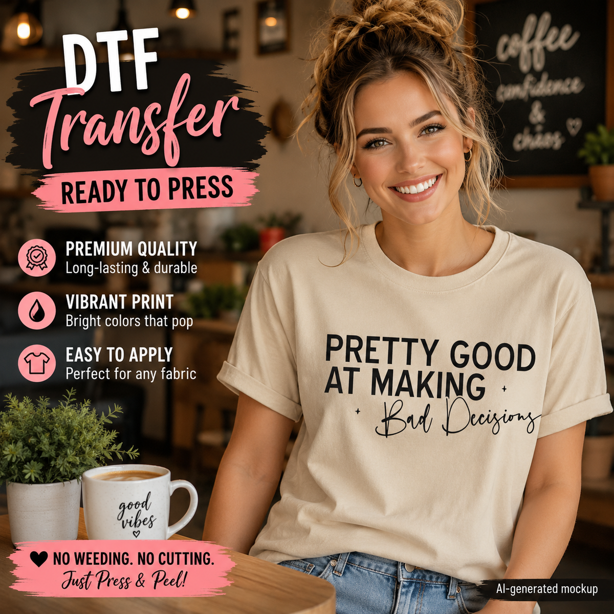 A woman wearing a cream-colored t-shirt with a black graphic print that reads 'PRETTY GOOD AT MAKING Bad Decisions' in a cafe setting. The image features promotional text overlays on the left side detailing the features of a DTF (Direct to Fabric) transfer.
