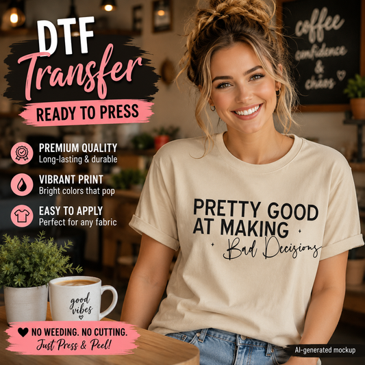A woman wearing a cream-colored t-shirt with a black graphic print that reads 'PRETTY GOOD AT MAKING Bad Decisions' in a cafe setting. The image features promotional text overlays on the left side detailing the features of a DTF (Direct to Fabric) transfer.