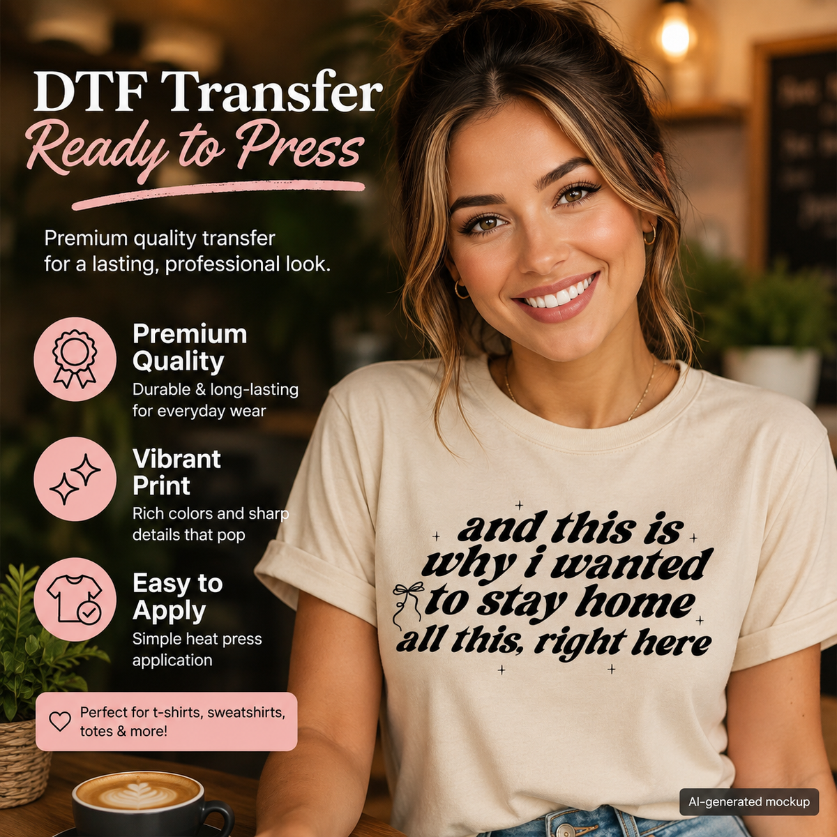 A smiling woman in a cafe setting wearing a cream-colored t-shirt with a black graphic print that reads 'and this is why i wanted to stay home all this right here'. The image features promotional text on the left highlighting the features of a DTF (Direct to Film) transfer, including premium quality, vibrant print, and easy application.