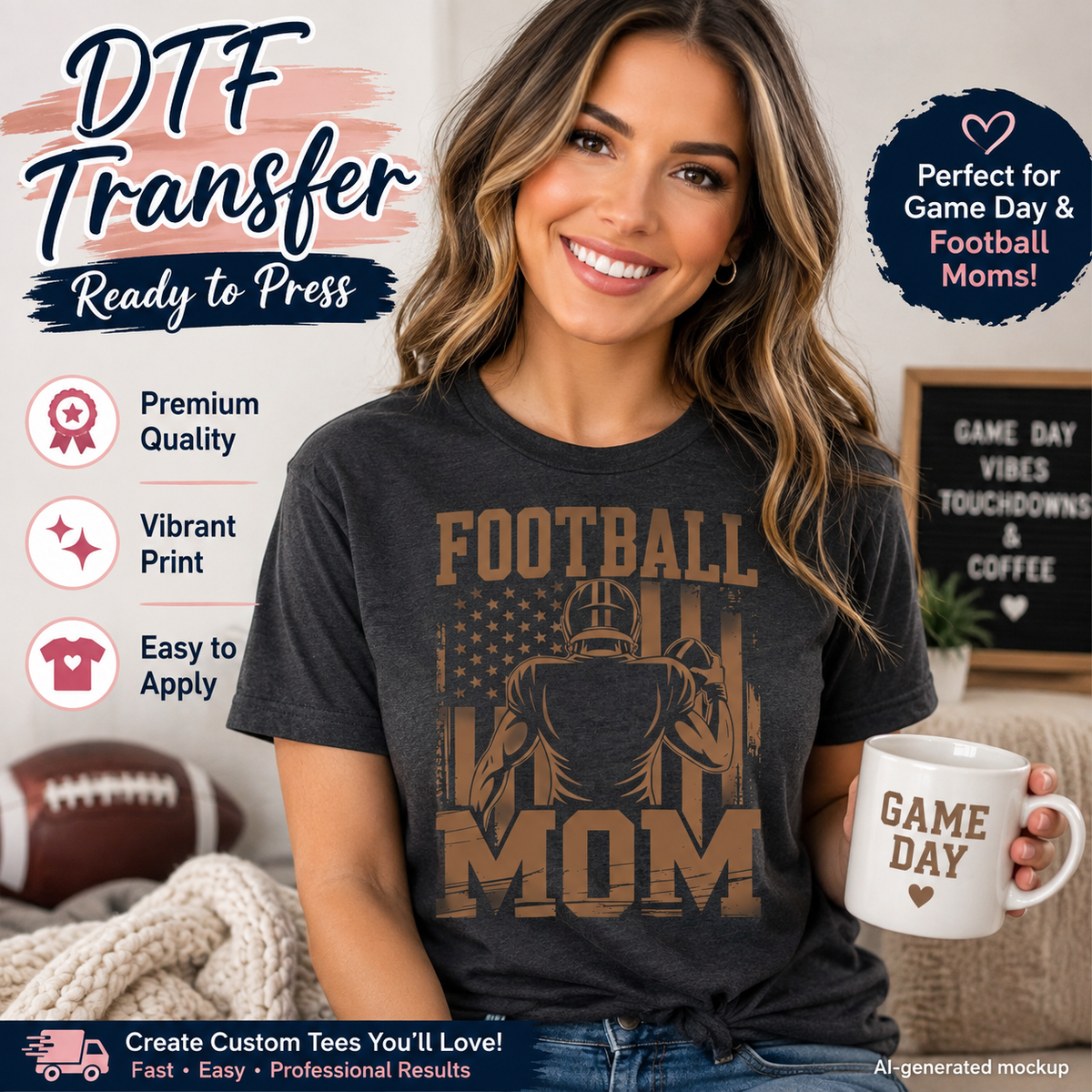 A woman wearing a dark charcoal gray custom DTF transfer t-shirt with a brown 'Football Mom' graphic, holding a white mug that says 'Game Day'. The image is a promotional mockup with text overlays highlighting features like 'Ready to Press' and 'Perfect for Game Day & Football Moms!'.