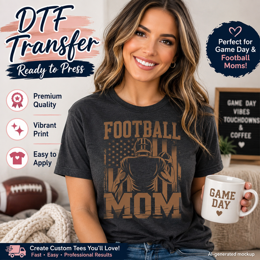 A woman wearing a dark charcoal gray custom DTF transfer t-shirt with a brown 'Football Mom' graphic, holding a white mug that says 'Game Day'. The image is a promotional mockup with text overlays highlighting features like 'Ready to Press' and 'Perfect for Game Day & Football Moms!'.