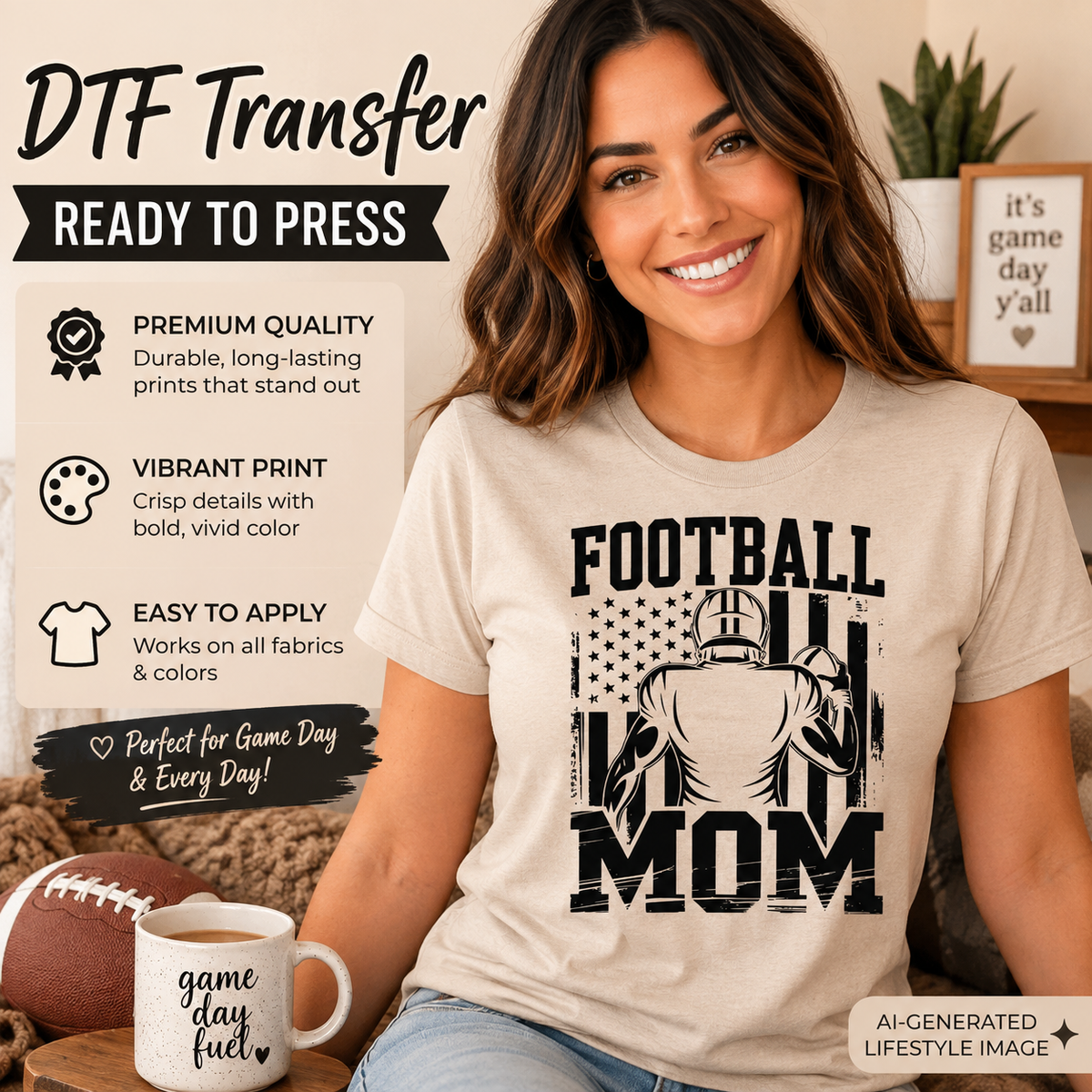 Woman wearing a beige T-shirt featuring a black vintage Football Mom football player design for game day.