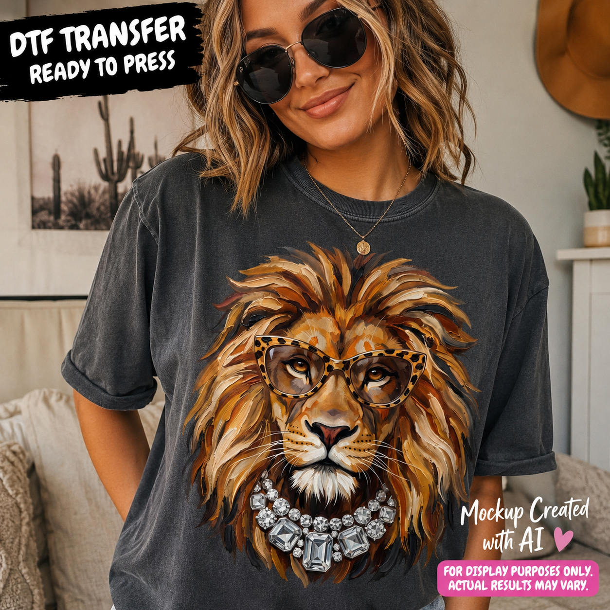A woman wearing a dark gray t-shirt with a large graphic of a lion wearing leopard-print sunglasses and a jeweled collar. The image is a mockup with text overlays indicating 'DTF TRANSFER READY TO PRESS' and 'Mockup Created with AI'.