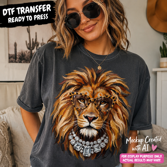 A woman wearing a dark gray t-shirt with a large graphic of a lion wearing leopard-print sunglasses and a jeweled collar. The image is a mockup with text overlays indicating 'DTF TRANSFER READY TO PRESS' and 'Mockup Created with AI'.