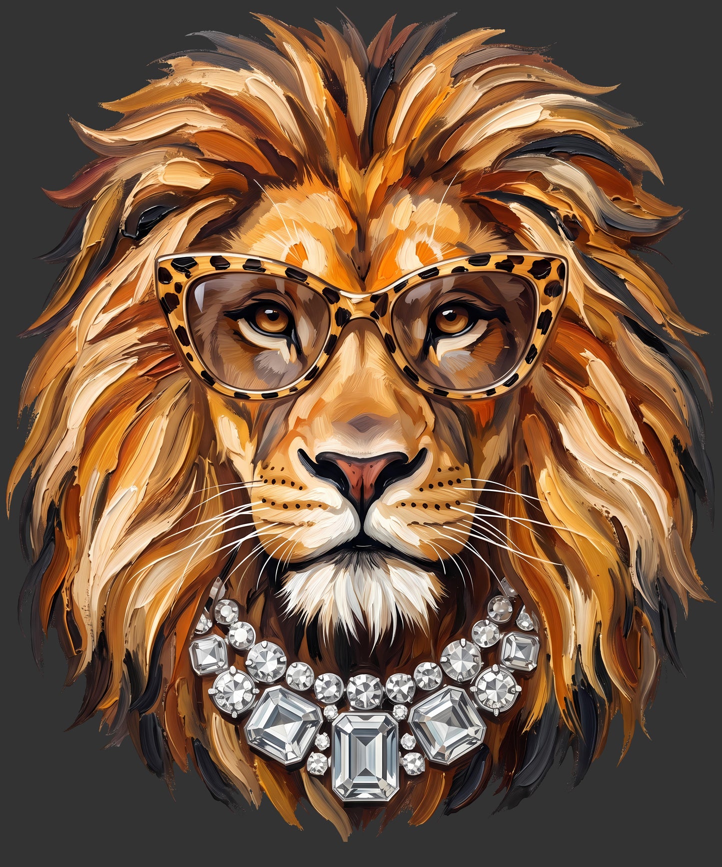 A stylized painted lion face with a golden-brown mane, wearing leopard-print cat glasses and a large silver jeweled necklace, set against a dark gray background.