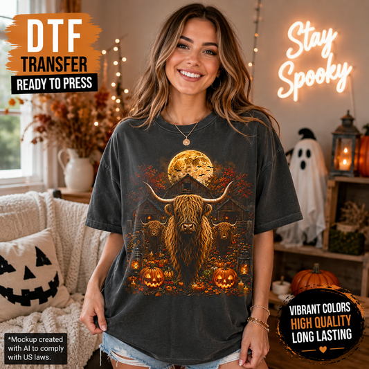 A woman modeling a dark charcoal gray T-shirt with a detailed graphic of a Highland cow under a full moon surrounded by pumpkins and autumn leaves. The background is a cozy, decorated Halloween-themed room with a glowing 'Stay Spooky' sign.