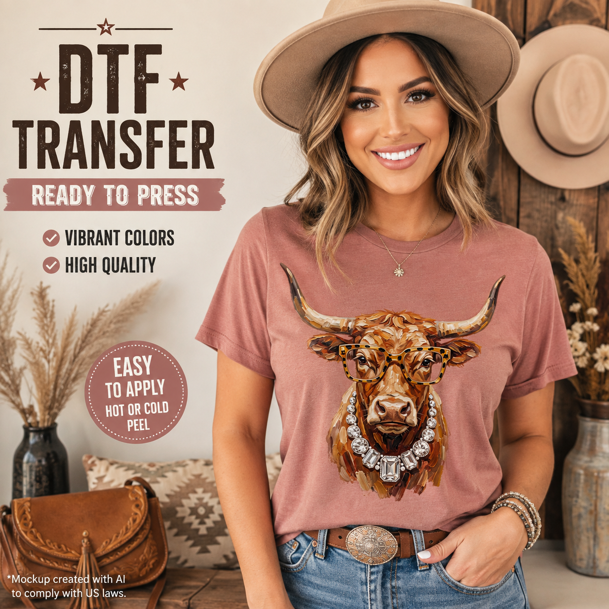 A woman wearing a dusty rose t-shirt with a detailed bull graphic, styled with a wide-brim hat and jeans in a rustic indoor setting. Text overlays on the left advertise 'DTF TRANSFER READY TO PRESS'.