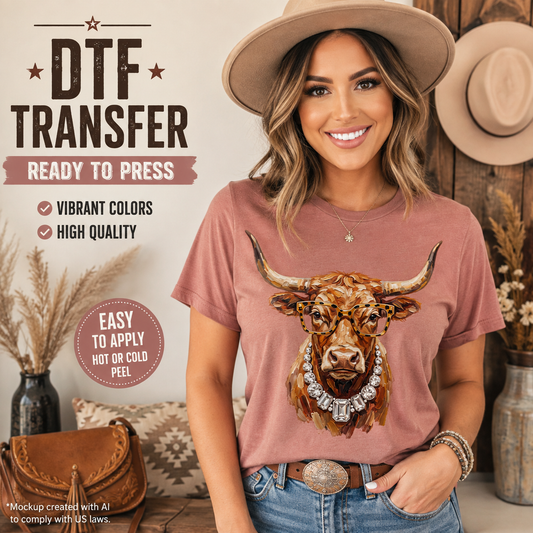 A woman wearing a dusty rose t-shirt with a detailed bull graphic, styled with a wide-brim hat and jeans in a rustic indoor setting. Text overlays on the left advertise 'DTF TRANSFER READY TO PRESS'.