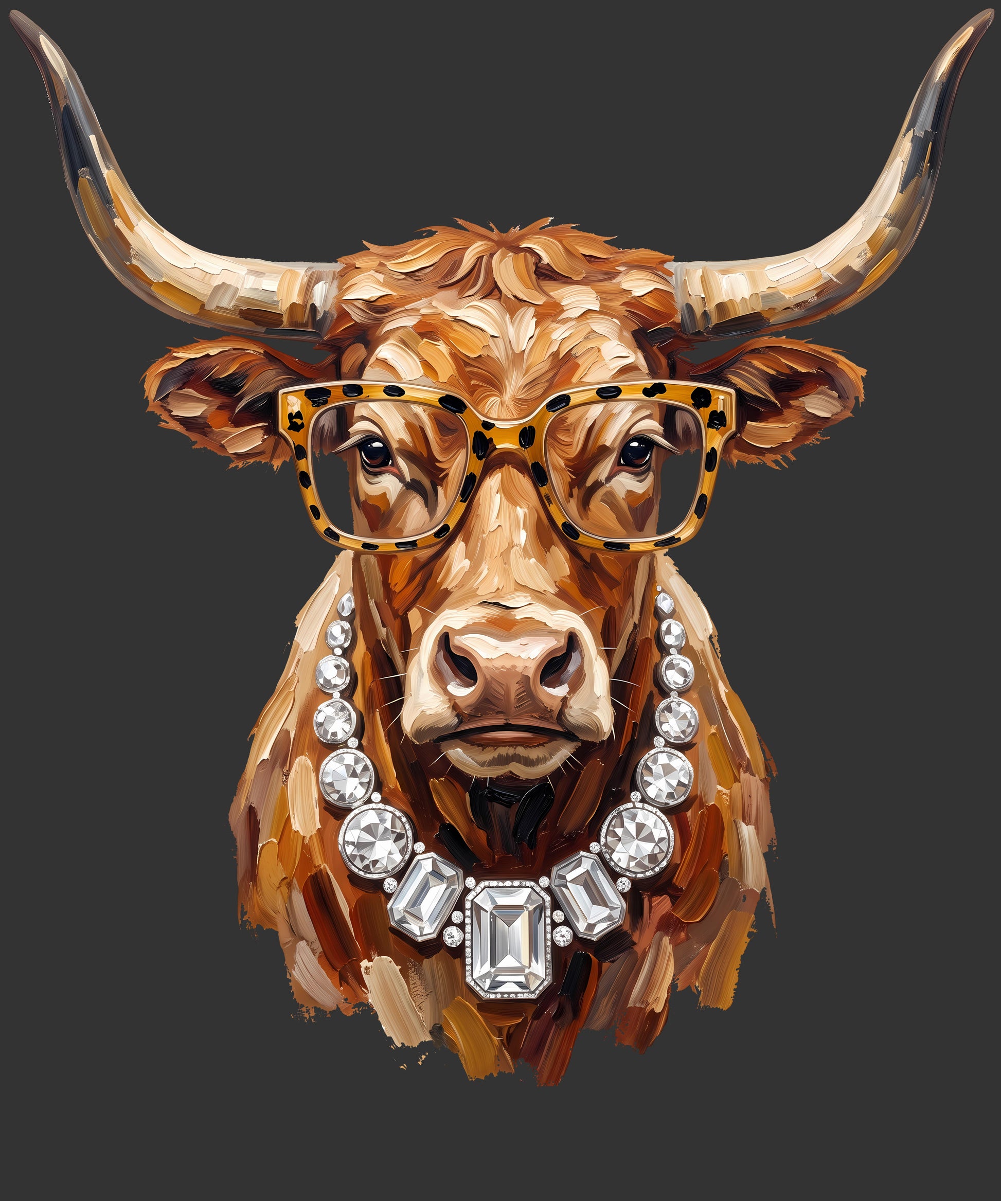 A stylized digital illustration of a longhorn cow head wearing leopard-print eyeglasses and a silver rhinestone necklace, centered on a dark gray background.