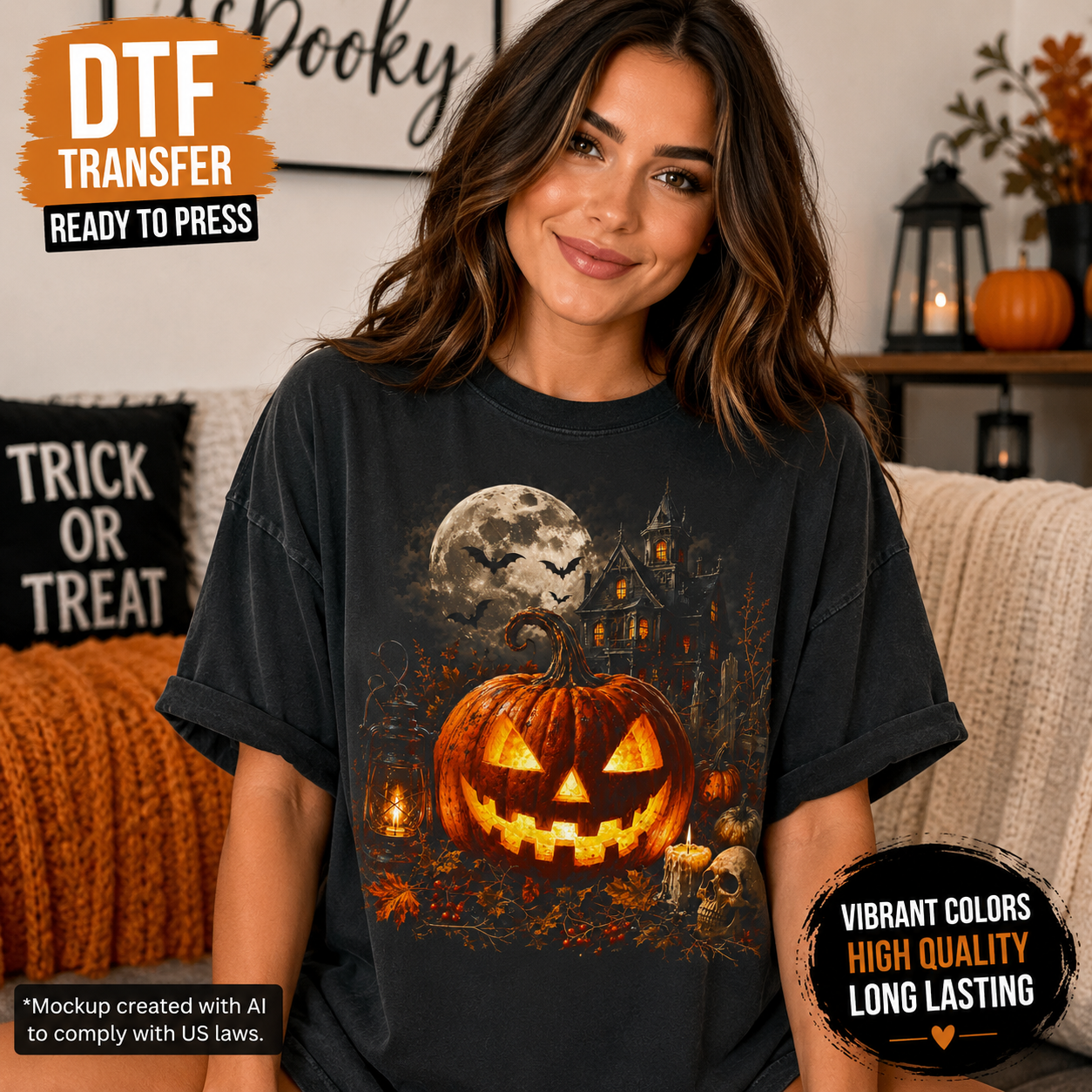 A woman wearing a black graphic t-shirt featuring a glowing jack-o'-lantern, haunted house, full moon, and bats. The image includes promotional badges for 'DTF TRANSFER READY TO PRESS' and 'Vibrant Colors HIGH QUALITY LONG LASTING'.