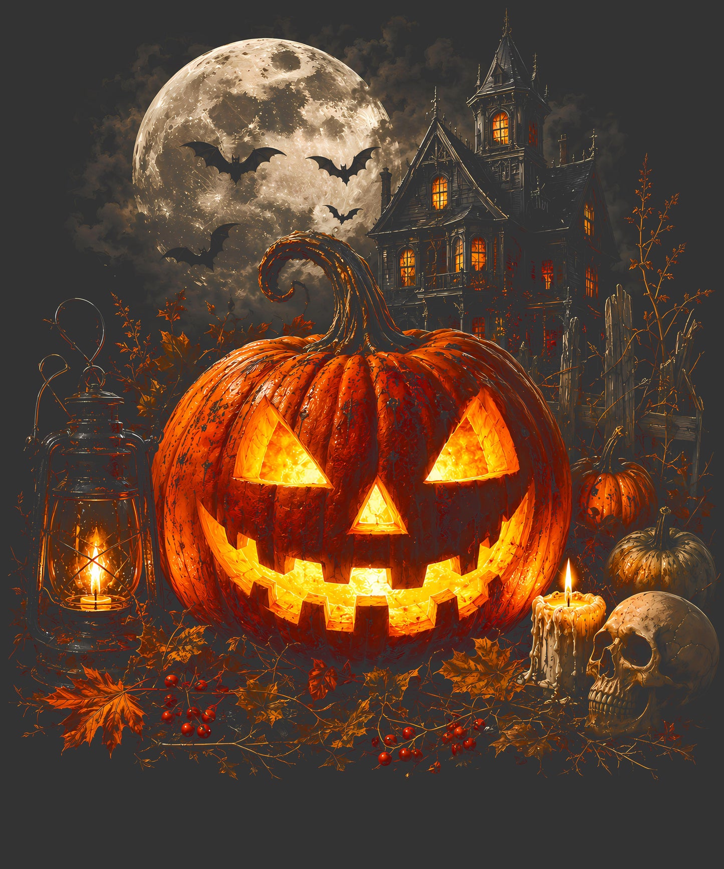 Halloween scene with a carved jack-o'-lantern pumpkin in the foreground, a lantern, candles, skull, small pumpkins, autumn leaves, a haunted house, bats, and a large full moon against a dark gray sky.