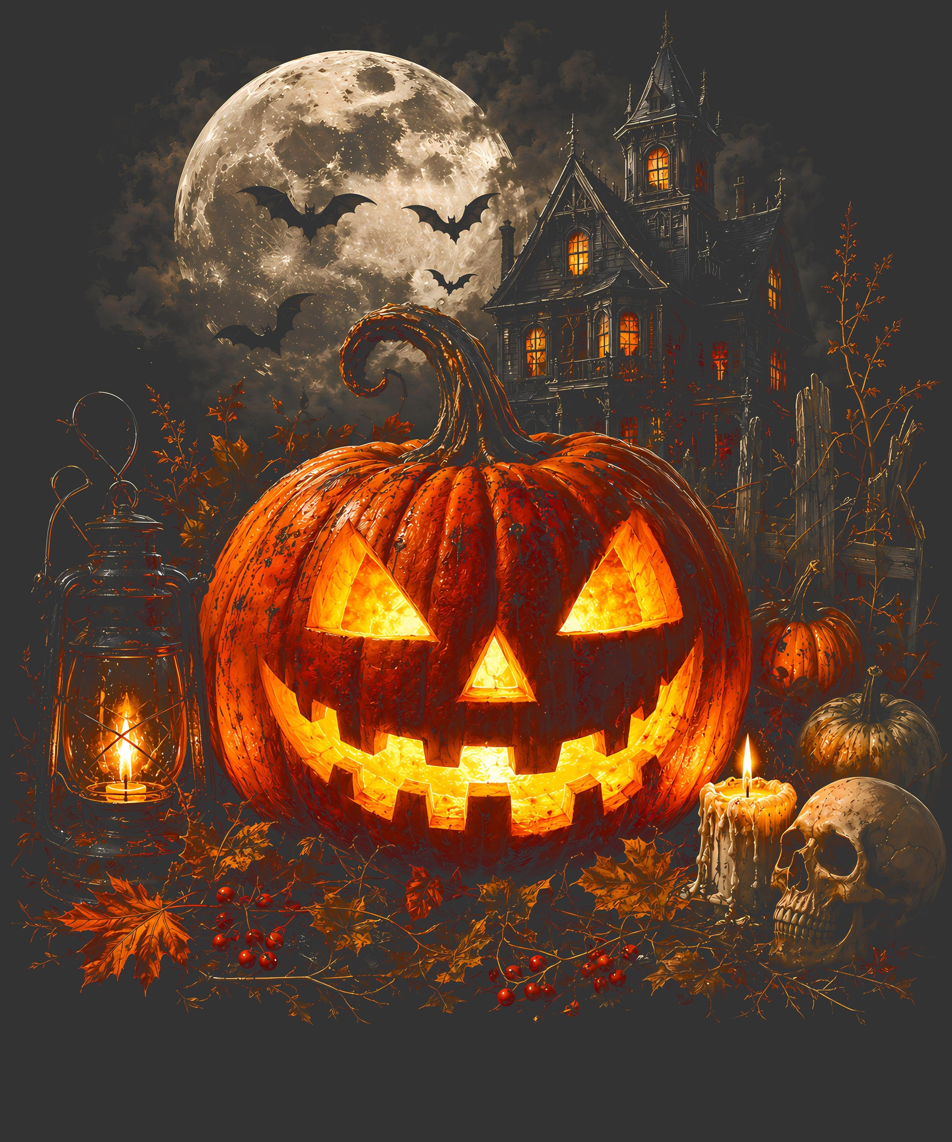 Halloween scene with a carved jack-o'-lantern pumpkin in the foreground, a lantern, candles, skull, small pumpkins, autumn leaves, a haunted house, bats, and a large full moon against a dark gray sky.