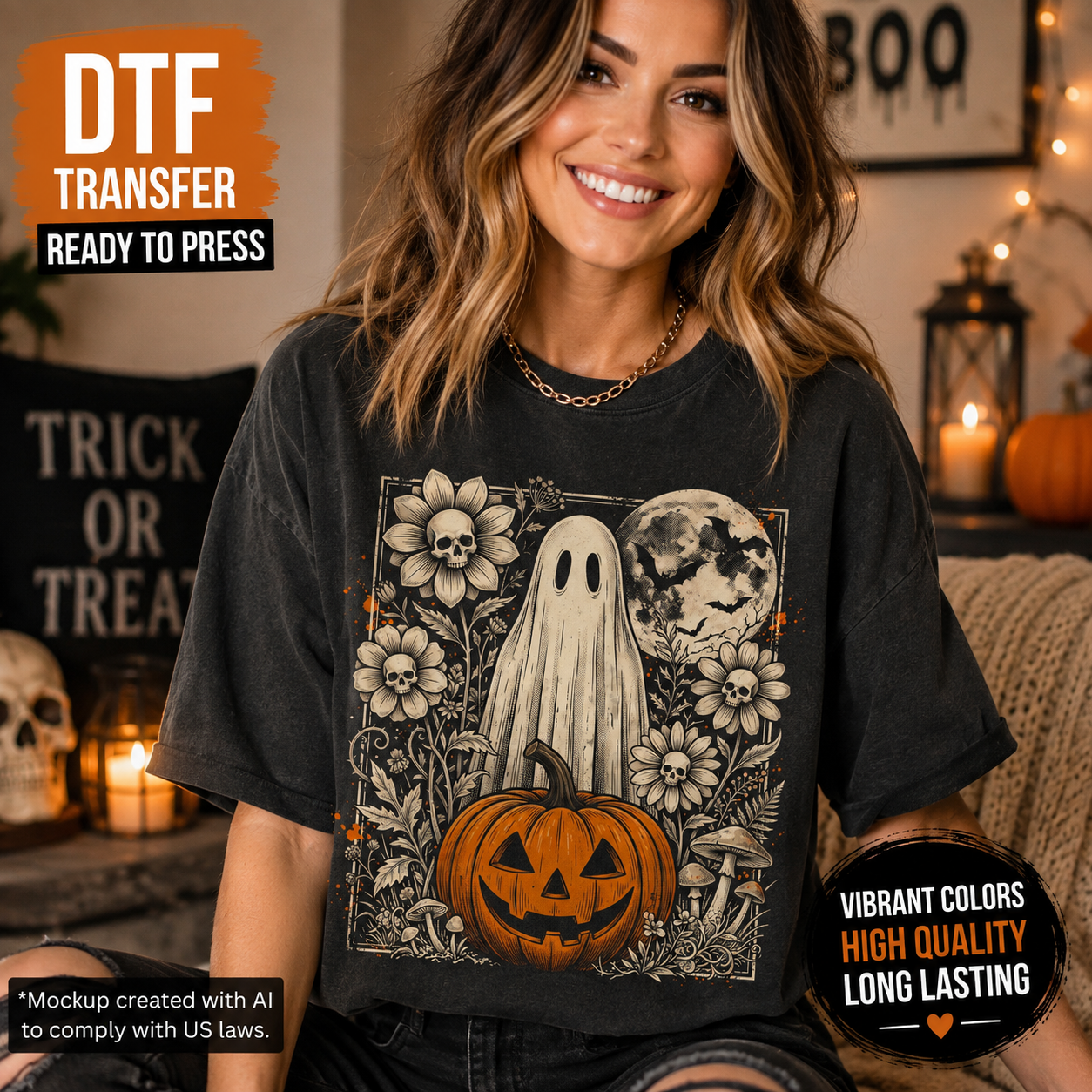 Halloween ghost and pumpkin DTF transfer mockup on black shirt with vintage spooky floral design