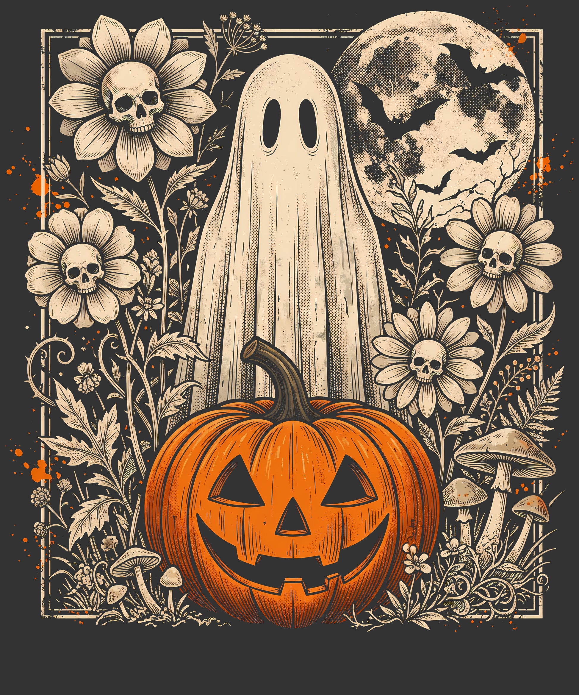 Halloween illustration featuring a carved orange pumpkin in the foreground, a ghost in a white sheet behind it, a full moon with bats, flowers with skull centers, and mushrooms on a dark background.