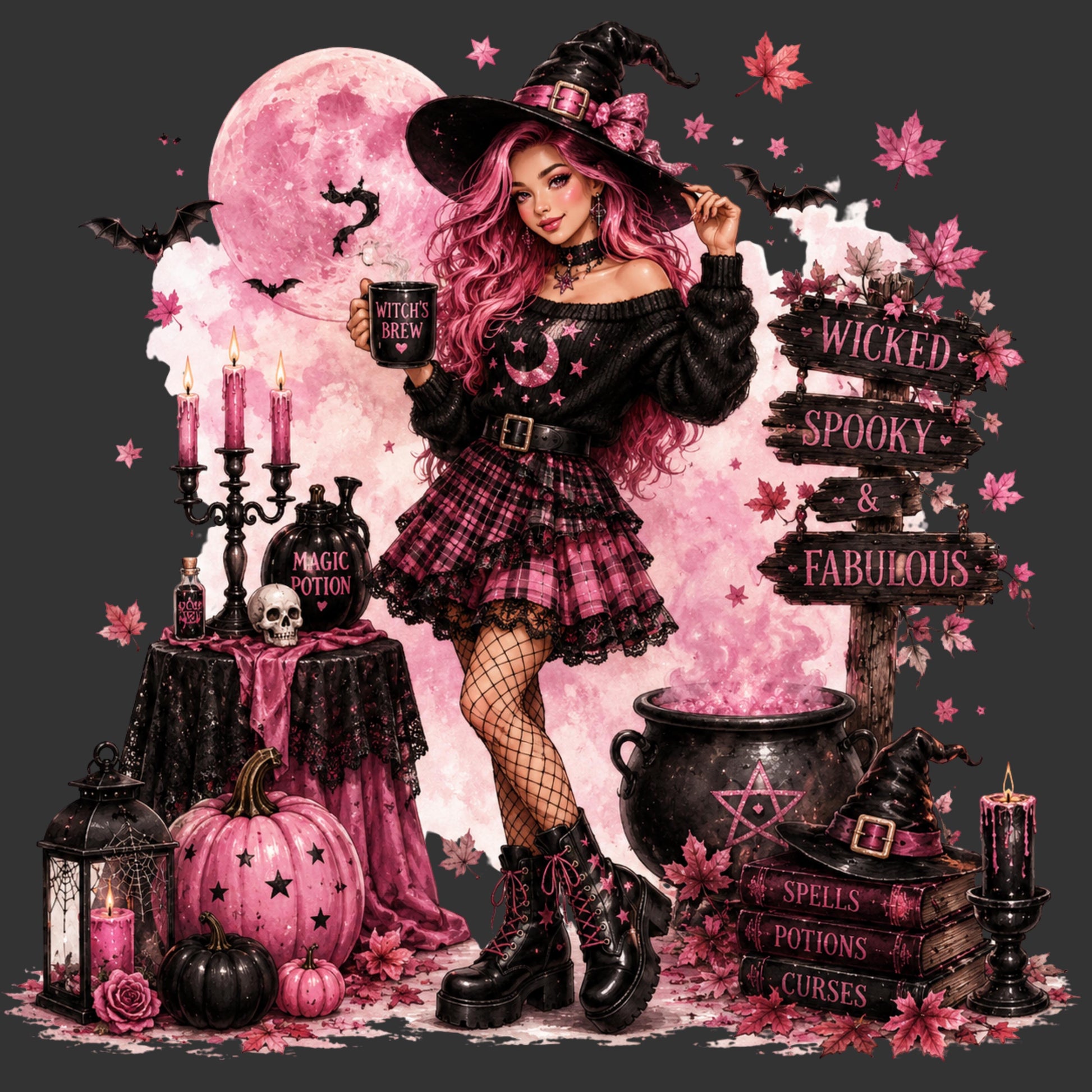 A stylized Halloween witch character stands in a spooky illustrated scene with a pink moon, black hat, pink plaid skirt, fishnets, candles, cauldron, pumpkin, lantern, and sign text reading 'Wicked Spooky & Fabulous.' This is not a real product photo, not packaging, and not an auxiliary chart or instruction image.