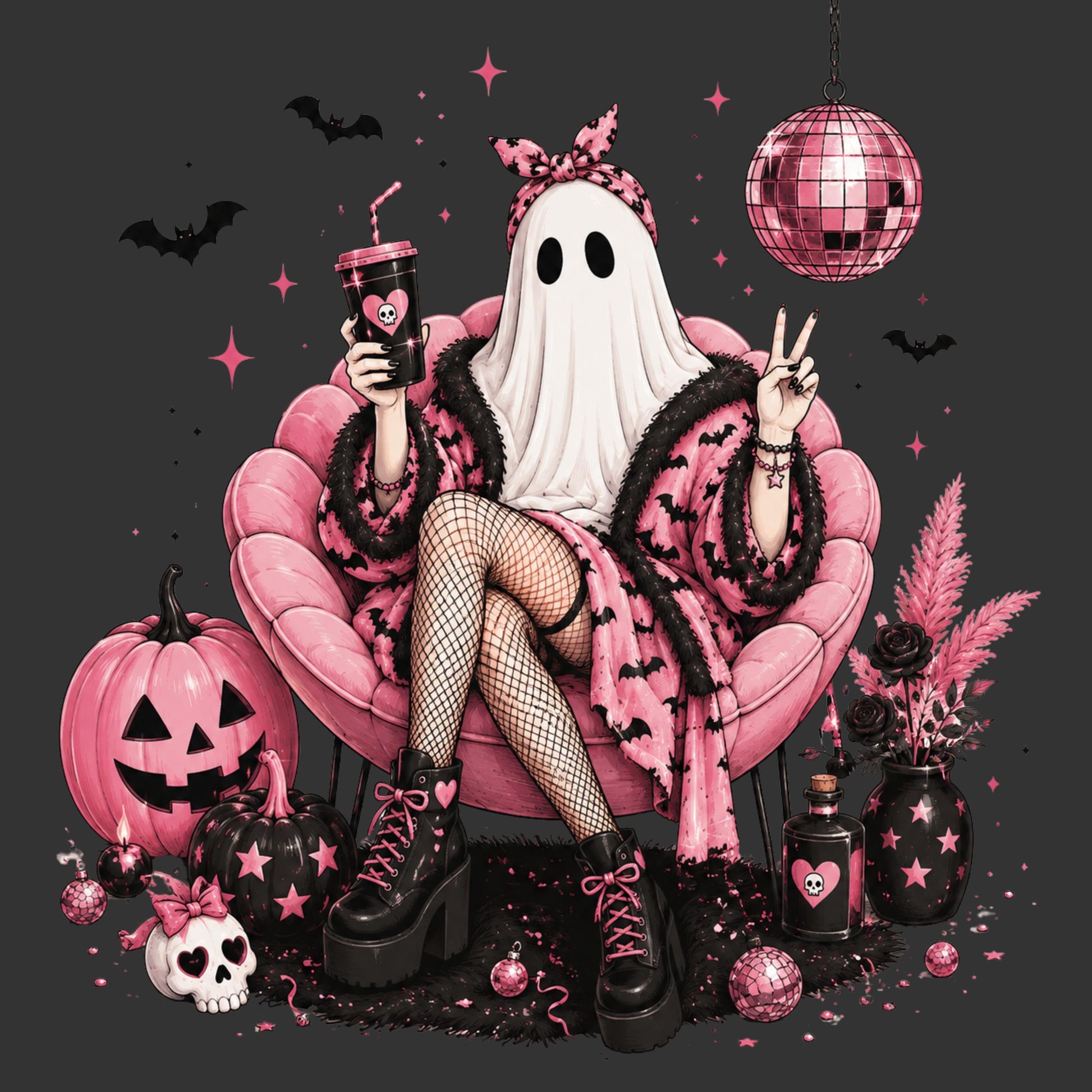 A stylized illustration of a person dressed as a ghost, seated in a pink armchair with a pink and black patterned robe, fishnet stockings, and black platform boots. The scene includes a pink disco ball, jack-o'-lanterns, a skull, bottles, bats, stars, and confetti on a dark gray background.