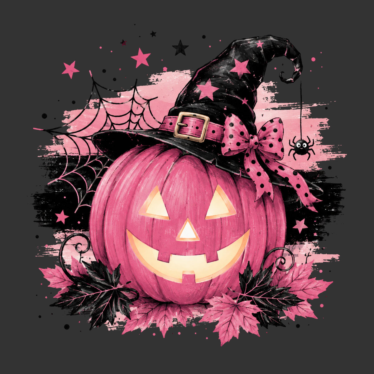 A stylized Halloween illustration featuring a pink jack-o'-lantern with a carved face, wearing a black witch hat with pink stars and a pink bow. The design includes pink spiderwebs, black spiderwebs, black leaves, and pink stars on a dark gray background.