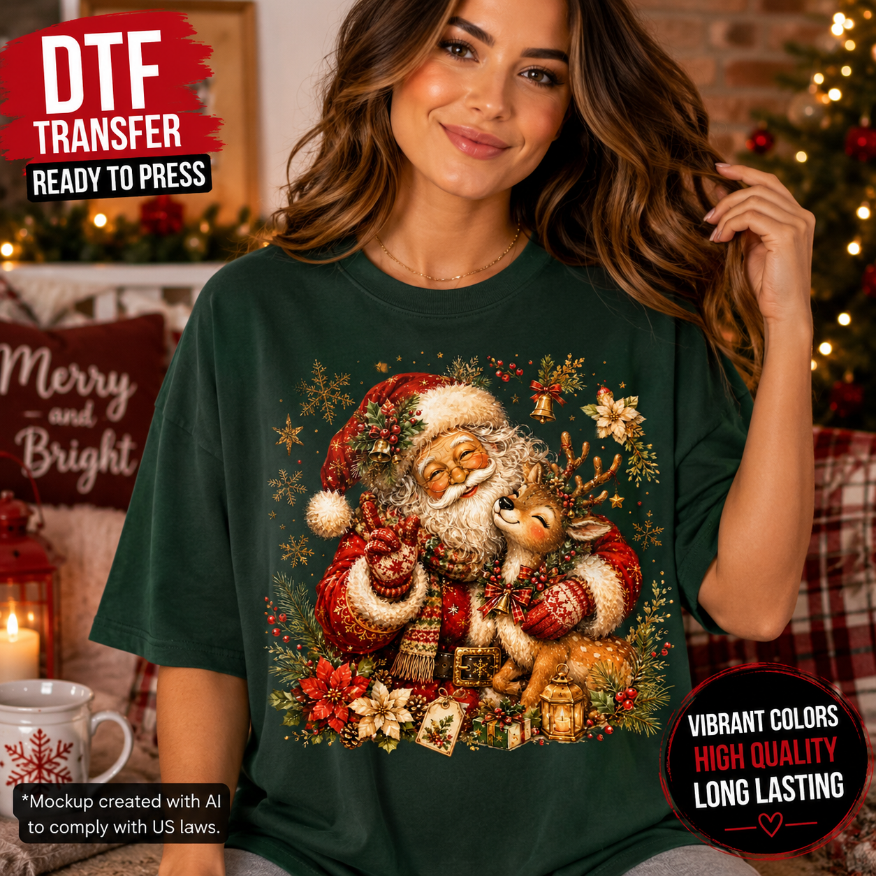 A woman wearing a dark forest green t-shirt with a large, colorful Christmas graphic of Santa Claus and a reindeer. The image features promotional text overlays for a 'DTF TRANSFER READY TO PRESS' product in a cozy, decorated holiday home setting.