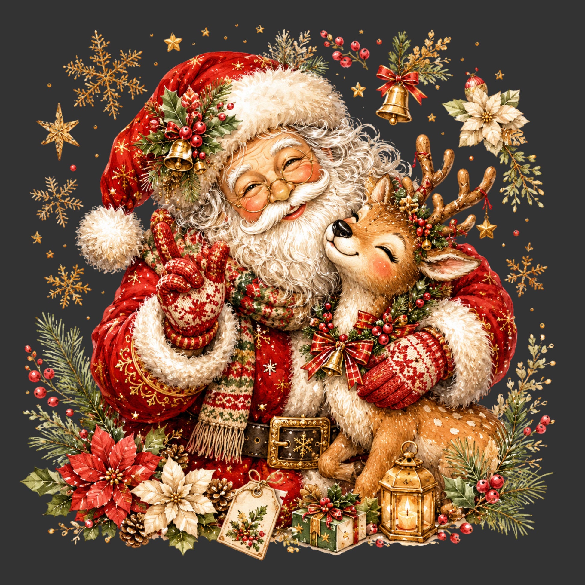 A festive Christmas illustration featuring Santa Claus in a red suit and hat, embracing a reindeer, surrounded by ornaments, snowflakes, flowers, gifts, and a lantern on a dark gray background.