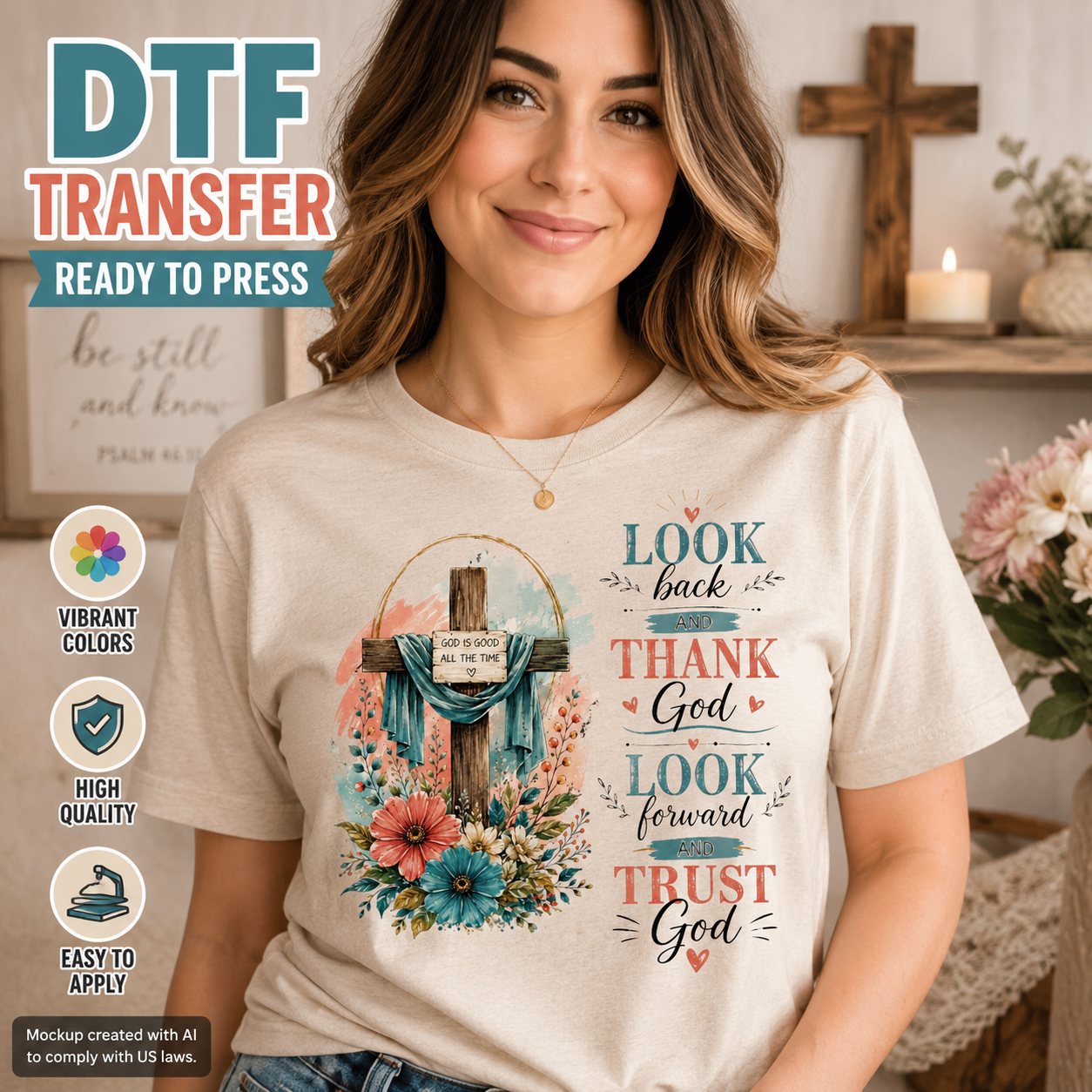 A woman wearing a beige graphic T-shirt with a DTF transfer design featuring a cross draped with a blue shroud and floral elements, alongside the text 'LOOK back THANK God LOOK forward TRUST God'. The image includes promotional text overlays on the left side and a blurred cross and flowers in the background.