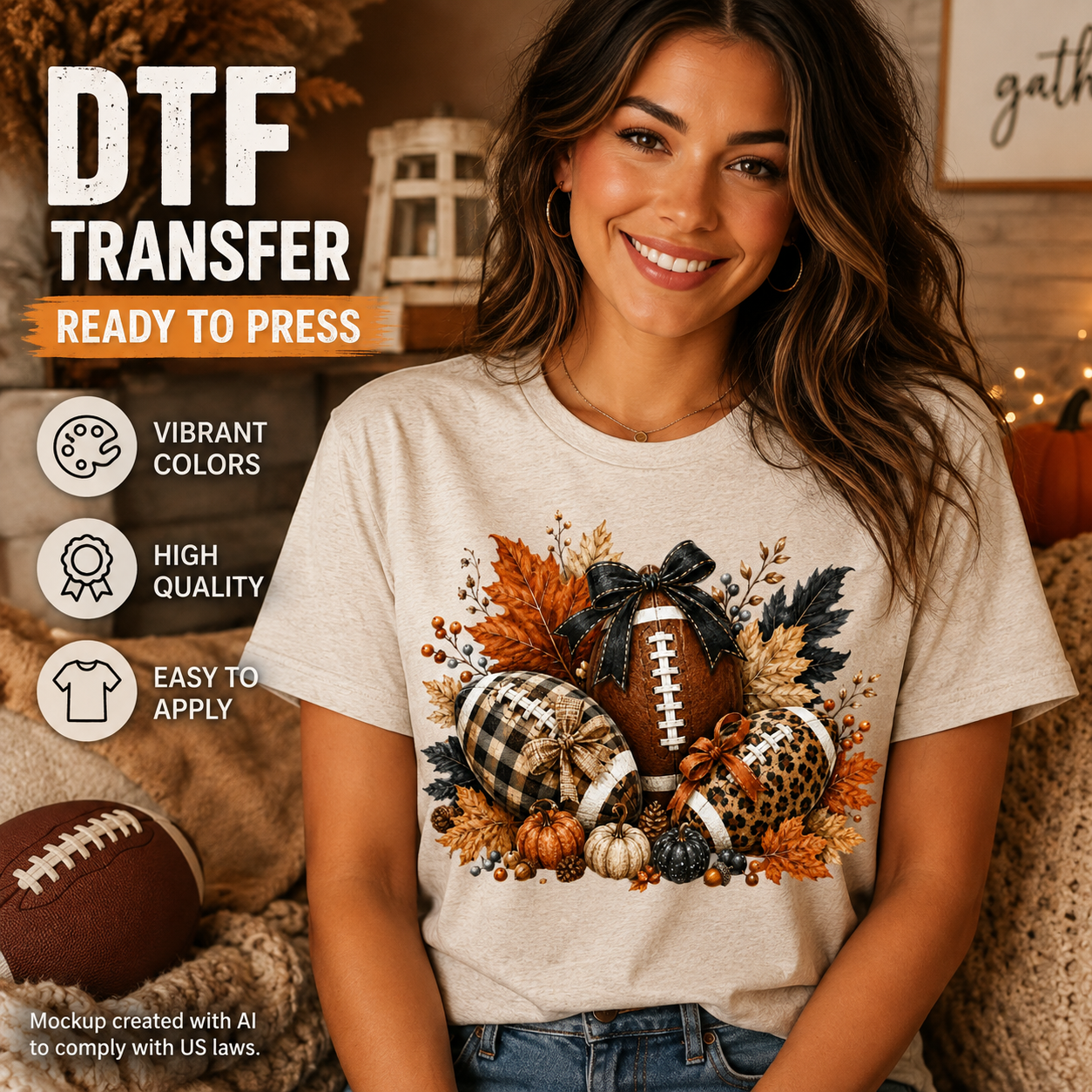 A woman wearing a beige graphic T-shirt with a football-themed autumn print, posed in a cozy indoor setting. The graphic features footballs, pumpkins, leaves, and a bow.