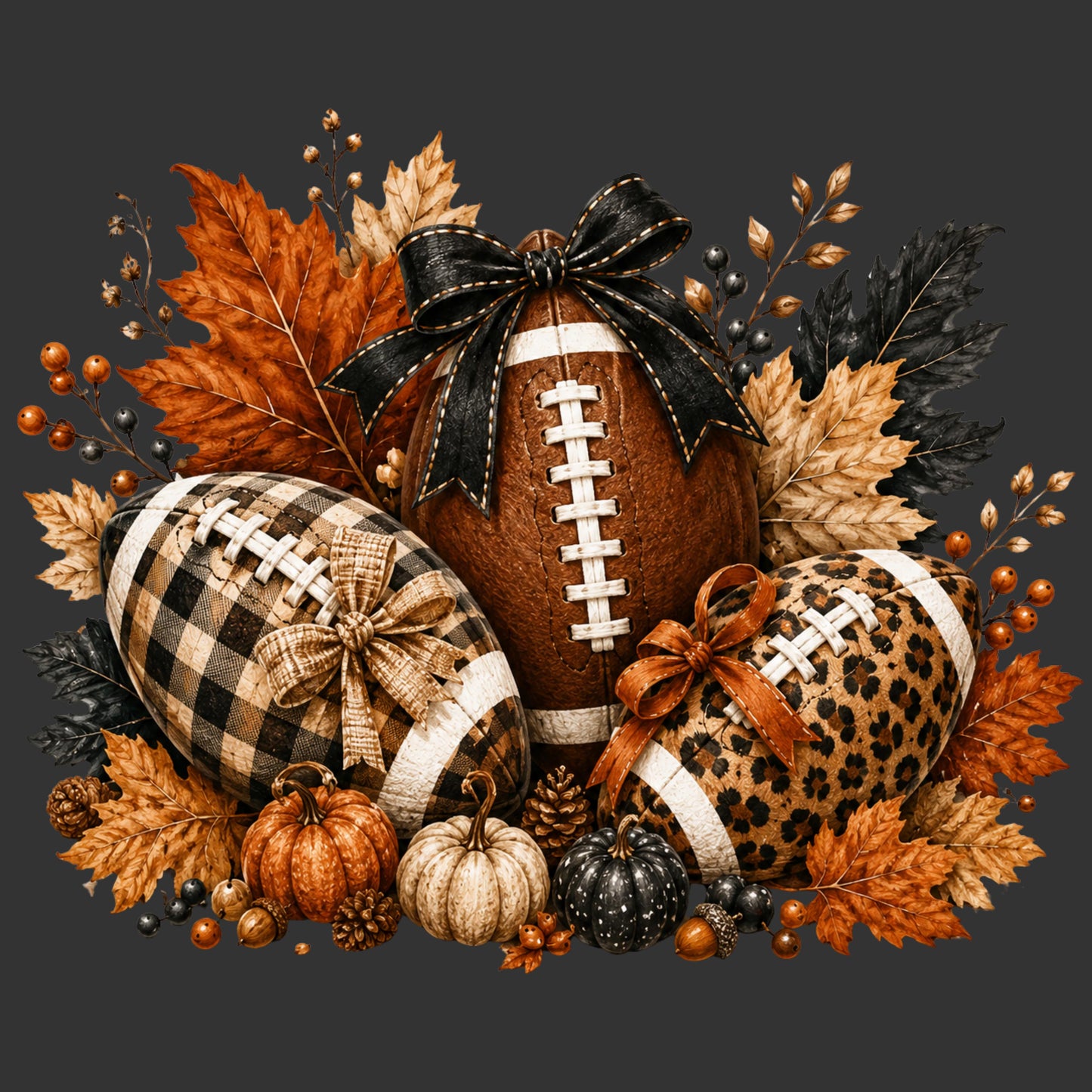 Three decorative footballs arranged together with autumn leaves, pumpkins, berries, and bows on a dark gray background. One football is brown with white laces and a black bow, one is black-and-beige buffalo plaid with a tan ribbon, and one is brown-and-black leopard print with an orange-brown ribbon.