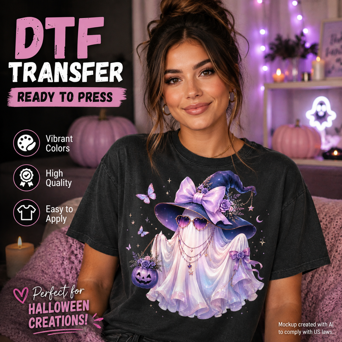 Purple witch ghost Halloween DTF transfer mockup on black shirt with bow butterflies flowers and pumpkin bucket