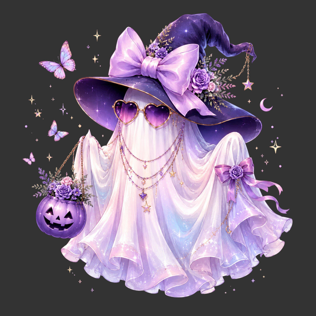 A whimsical Halloween illustration of a ghost-like witch figure in a flowing white and lavender dress, wearing a large purple witch hat with a bow, heart-shaped sunglasses, layered necklaces, butterflies, stars, a pumpkin lantern, and a crescent moon on a dark gray background.