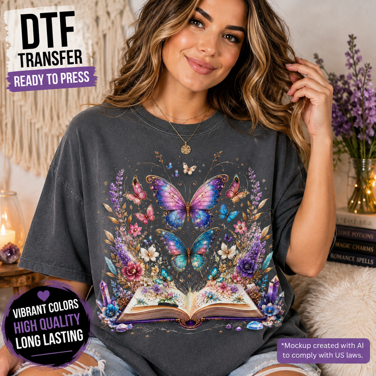 A woman wearing a dark gray t-shirt with a colorful graphic of a butterfly, flowers, and an open book rising from an urn. The image includes promotional text overlays for 'DTF TRANSFER READY TO PRESS'.
