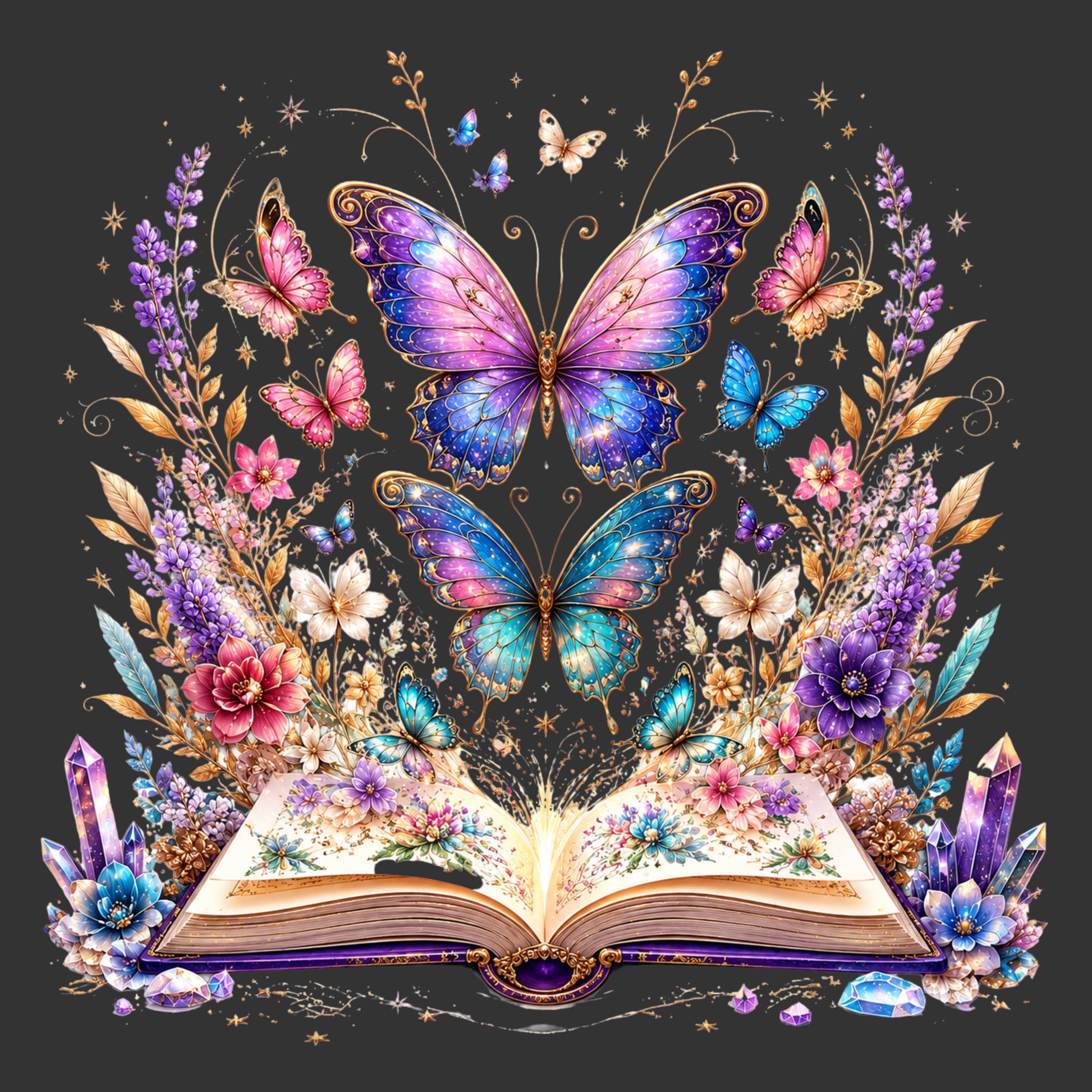 A dark gray square graphic featuring a whimsical fantasy illustration of an open book surrounded by glowing butterflies, flowers, crystals, and gold decorative flourishes.