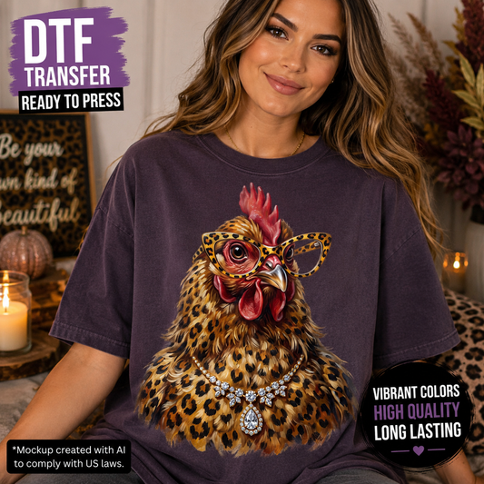 A woman wearing a dark purple graphic t-shirt featuring a leopard-print chicken wearing glasses and a diamond necklace. The image includes promotional text overlays for a DTF transfer product.
