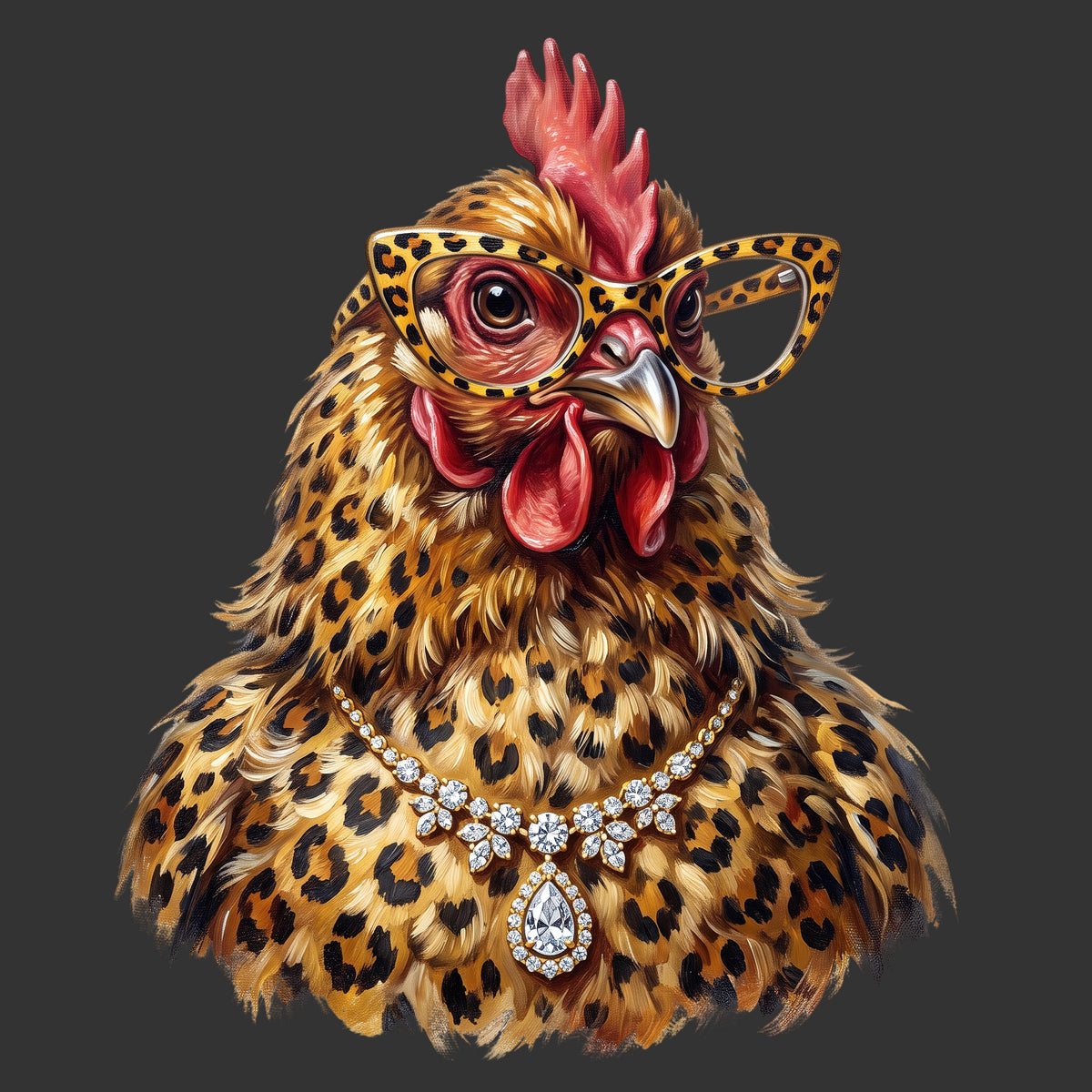 A stylized portrait of a chicken wearing leopard-print eyeglasses and a jeweled necklace, set against a dark gray background.